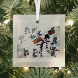 ORNEMENT EN VERRE MERRY NOËL DE MICE DANS LA NEIGE
