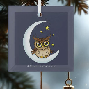 Ornement En Verre Mignon Hibou Brun Croissant Lune Étoiles Bleu