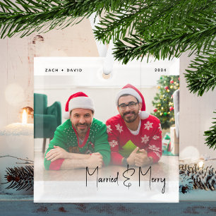 Ornement En Verre Minuscule photo mariée et joyeux script noir LGBTQ