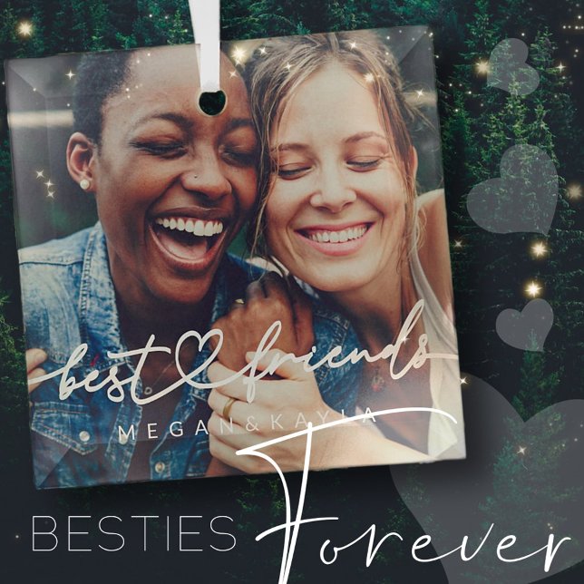 Ornement En Verre Moderne Chic Coeur Best Friends Besties BFF Photo (Créateur téléchargé)