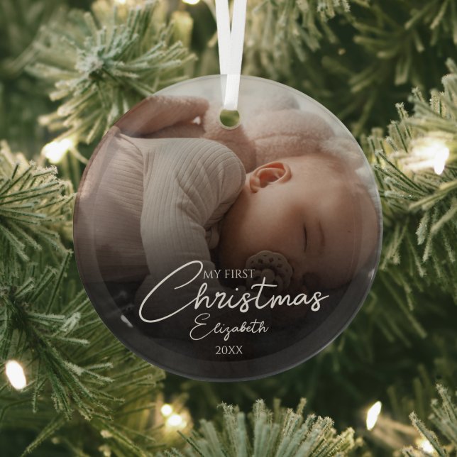Ornement En Verre Mon premier Noël Baby Photo Élégant Script (Insitu)