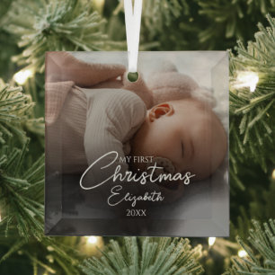 Ornement En Verre Mon premier Noël Baby Photo Élégant Script