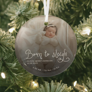 Ornement En Verre Né pour dévaler bébé photo naissance stats Noël