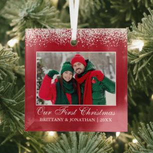 Ornement En Verre Neige Top Notre première photo de Noël Couple Roug
