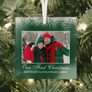 Ornement En Verre Neige Top Notre première photo de Noël Couple Vert
