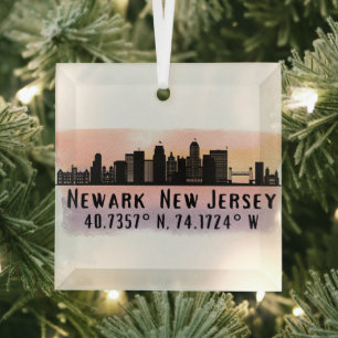 Ornement En Verre Newark NJ City Skyline Latitude et Longitude