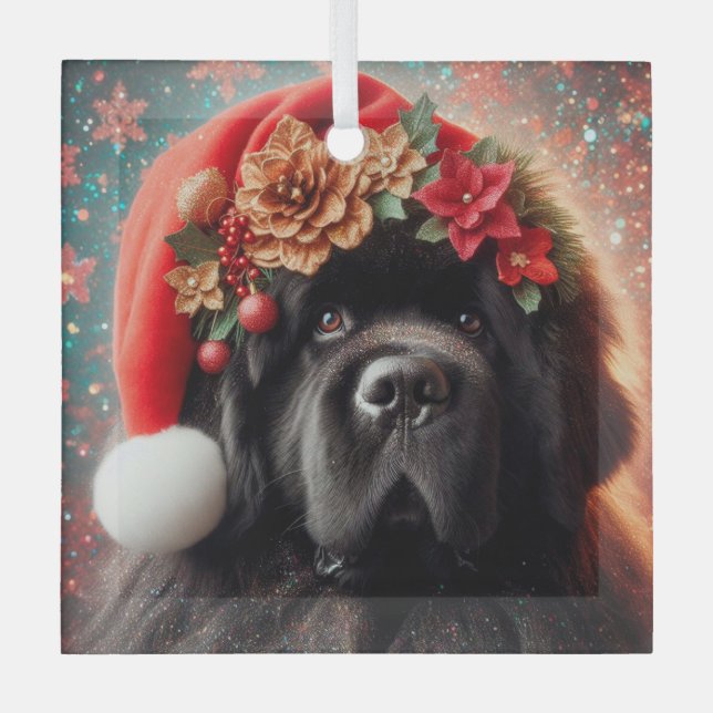 Ornement En Verre Newf in Fancy Santa Hat (Recto)