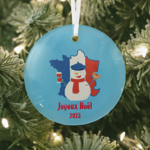 Ornement En Verre Noël Drapeau Français Snowman