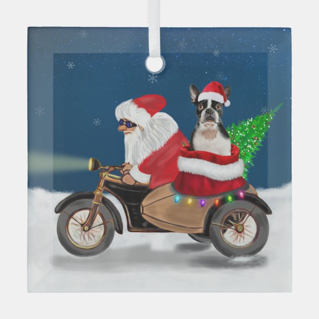 Ornement En Verre Noël du chien de Boston Terrier Santa Claus (Recto)