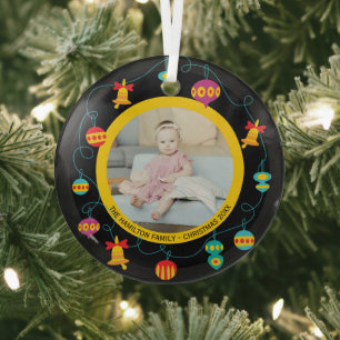 Ornement En Verre Noël Fun Personnalisé Fun Modern Wreath Photo