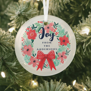 Ornement En Verre Noël Red Bow Wreath Blue Joie