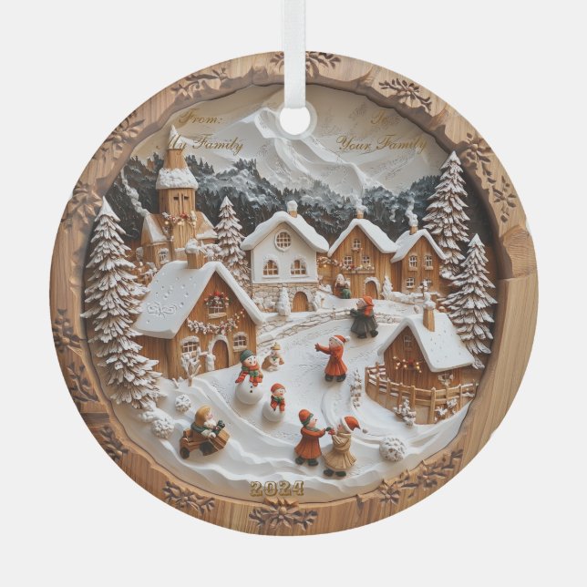 Ornement En Verre Noël "sculpté sur bois" personnalisable (Recto)