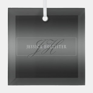 Ornement En Verre Nom élégant et Initiales monogrammes   Noir et gri