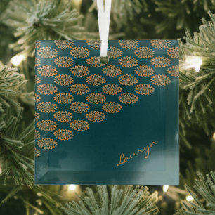 Ornement En Verre Nom personnalisé floral brun sur vert pin