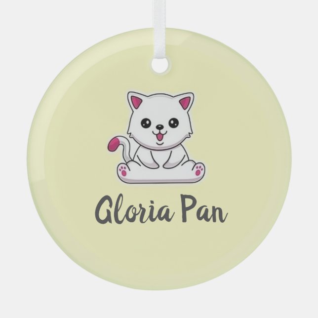 Ornement En Verre Nom personnalisé mignon chat blanc sur jaune (Recto)