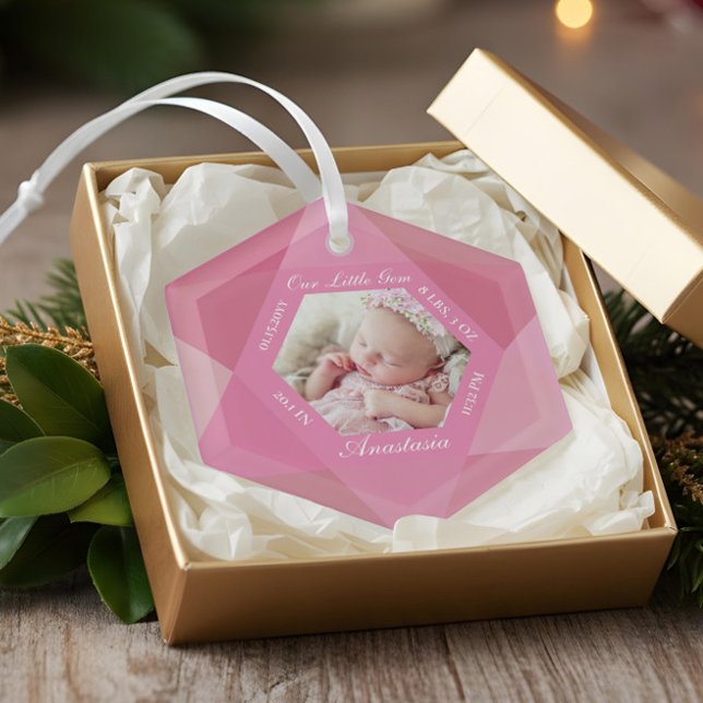 Ornement En Verre Notre petit bijou Octobre Birthstone Baby Stats de (Our Little Gem October Birthstone Baby Birth Stats Glass Ornament)