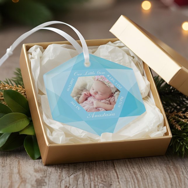 Ornement En Verre Notre Petit Jeu Décembre Pierre d'Anniversaire Éta (Our Little Gem December Birthstone Baby Birth Stat Glass Ornament)