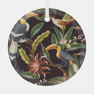 Ornement En Verre Oiseaux tropicaux : Feuilles Vintages & Fleurs