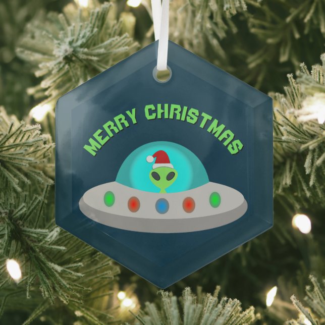 Ornement En Verre OVNI de Noël Ho Ho Alien soucoupe volante Personna (Insitu)