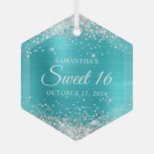 Ornement En Verre Paillettes Argent Turquoise Bleu Feuille Sweet 16