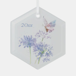 Ornement En Verre Papillon sur Fleurs de Jardin Floral Aquarelle Art
