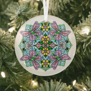 Ornement En Verre Papillons roses Mandala Noël