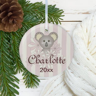 Ornement En Verre Pastel Pink Stripe Cute Baby Koala Girl