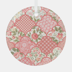 Ornement En Verre Pastel Rose Motif à patchwork floral
