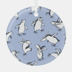 Ornement En Verre Patinage de pingouins, motif vintage dessiné à la