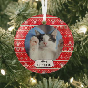 Ornement En Verre Personnalisé Chat Poisson Rouge Flocon de neige Pe