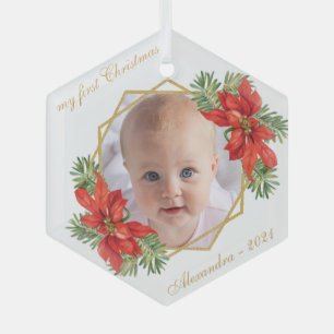 Ornement En Verre Photo de bébé Premier Noël Floral Or Poinsettia