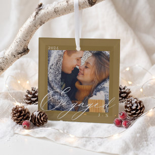 Ornement En Verre Photo de couple fiancé Monogramme Élégant Souvenir