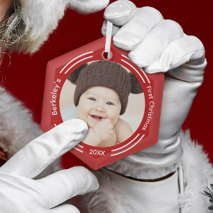 Ornement En Verre Photo minimaliste de bébé rouge premier Noël