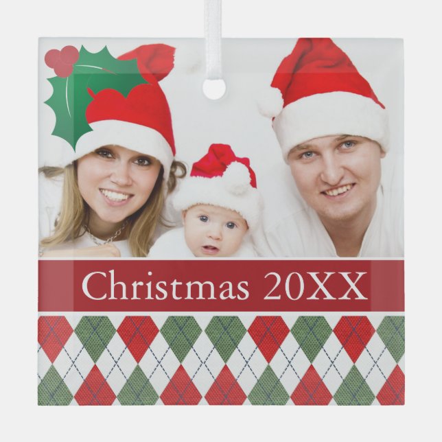 Ornement En Verre Photo personnalisée du Jacquard vert et rouge (Recto)