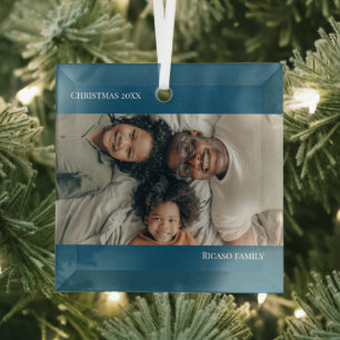 Ornement En Verre Photo personnalisée en bleu Noël