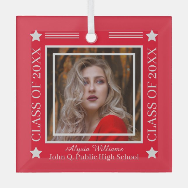 Ornement En Verre Photo rouge | Classe Argent de 2023 Graduation (Recto)