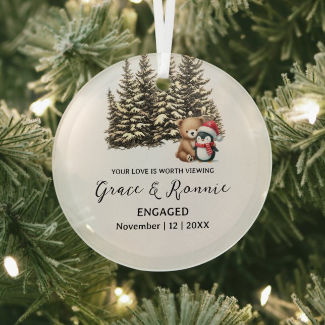 Ornement En Verre Pin de Noël Ours Penguin Couple Fiançailles (Insitu)