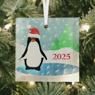 Ornement En Verre Pingouin Avec Joli Fou Rouge Père Noël