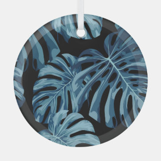 Ornement En Verre Plante Monstera : motif feuille bleu.
