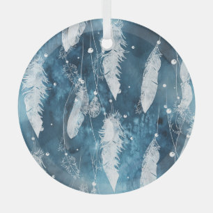Ornement En Verre Plumes blanches tombantes, aquarelle bleue.