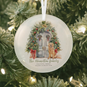 Ornement En Verre Porte d'entrée avec Golden Retriever Noël