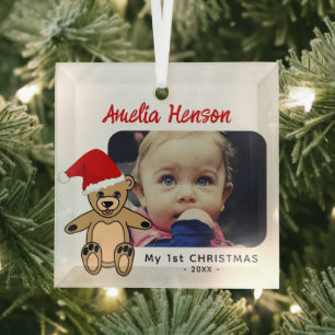 Ornement En Verre Premier bébé`s Noël Teddy Bear Santa Hat Photo