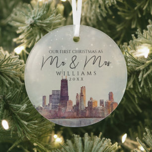 Ornement En Verre Premier Noël à Chicago en tant que M. et Mme Maria