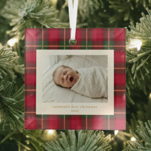 Ornement En Verre Premier Noël Bébé Carreaux Rouges Verts Photo Nouv