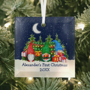 Ornement En Verre Premier Noël Bébé Gnomes Aquarelle Lumières Ciel