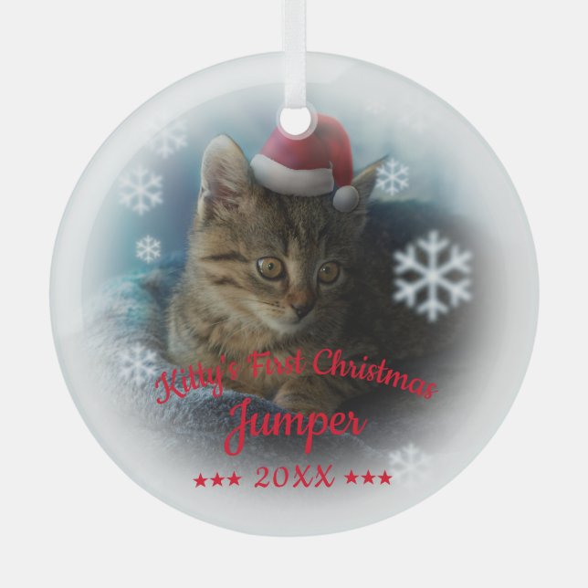 Ornement En Verre Premier Noël de Kitty | Nom du chat Snowflake (Recto)