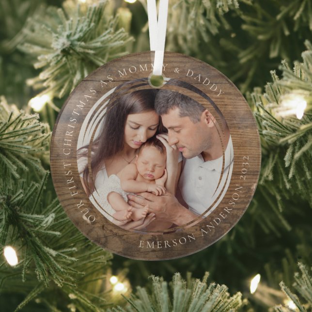 Ornement En Verre Premier Noël en photo maman et papa bois (Insitu)
