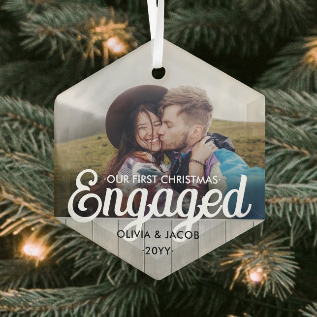 Ornement En Verre Premier Noël Engagé Photo Faux Wood Hexagon (Créateur téléchargé)
