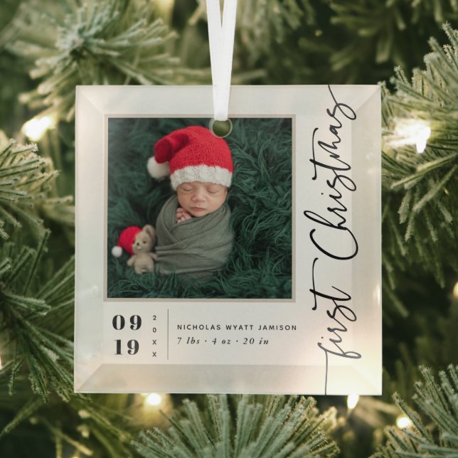 Ornement En Verre Premier Script de Noël Baby Birth Stats & Photo (Insitu)