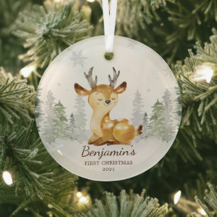 Ornement En Verre Première Noël du bébé de cerfs de la forêt aquarel